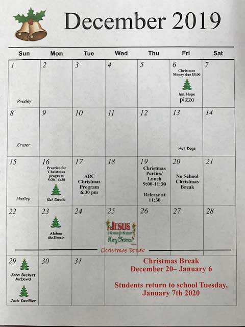 ABC Learning Center in Rockport, Texas - Monthly Calendar